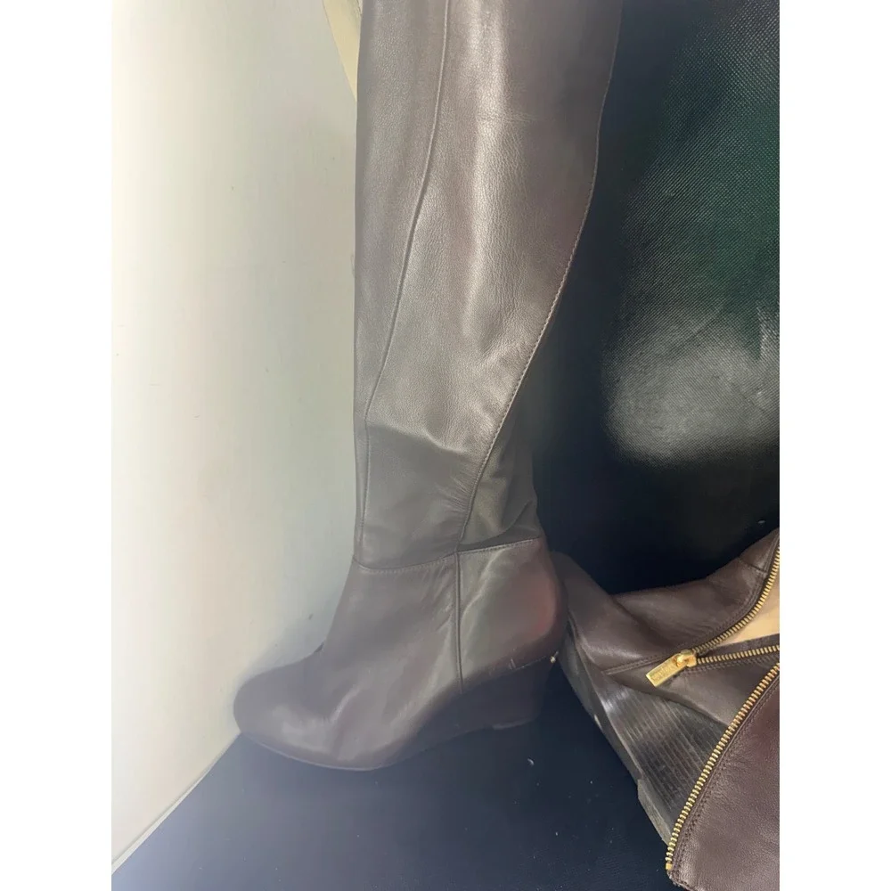 Michael‎ Kors Brown Leather Wedge Tall Boots Gold Hardware AO13F Mens 8M